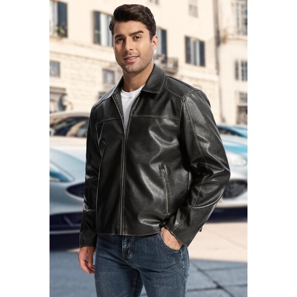Men Black Faux Leather Biker Jacket Lightweight Vintage Bomber Zip Up Coat - Picture 3 of 7